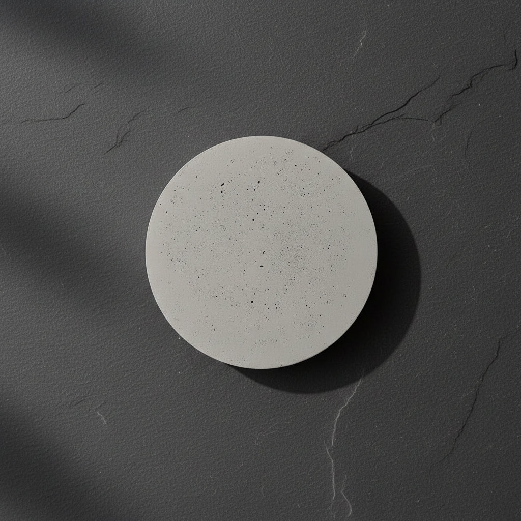 Round concrete wall light with speckled light-gray disc, front view
