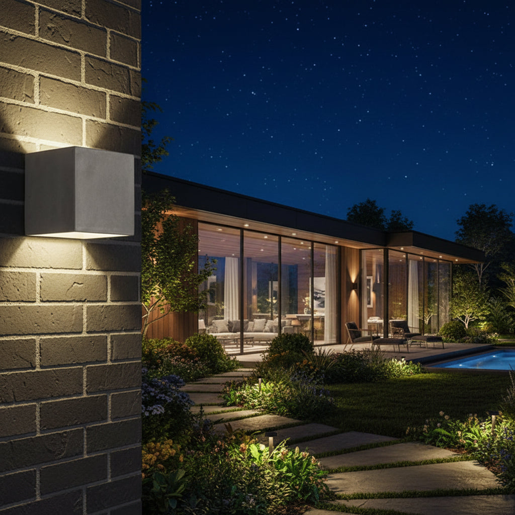 Square concrete wall light with white diffuser on brick wall