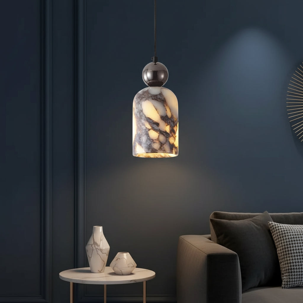 Luxury Black Metal Natural Marble Pendant Light Fixture E27 Mini Hanging Lamp for Bedroom Bedside Dining Room Decor 3