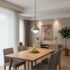 Dome-style pendant light with gray shade and warm glow, black cord