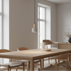 Cylindrical pendant light with beige top and white shade, black cord