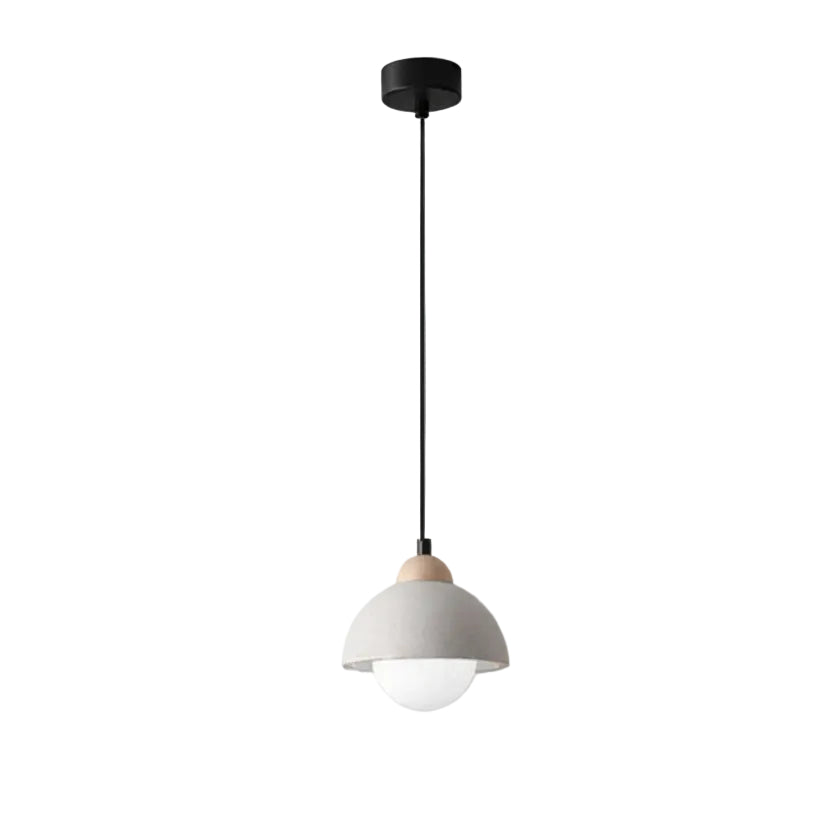 Dome pendant light with gray outer shade and white diffuser, black cord