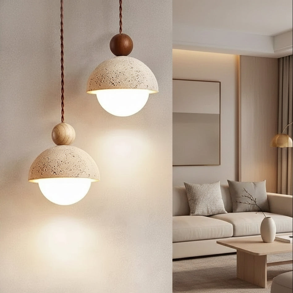 Zela Travertine Bowl Pendant Light | Nordic Minimalist Half Sphere Hanging Fixture