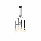 Black H-frame globe chandelier with five hanging orb bulbs and round ceiling canopy