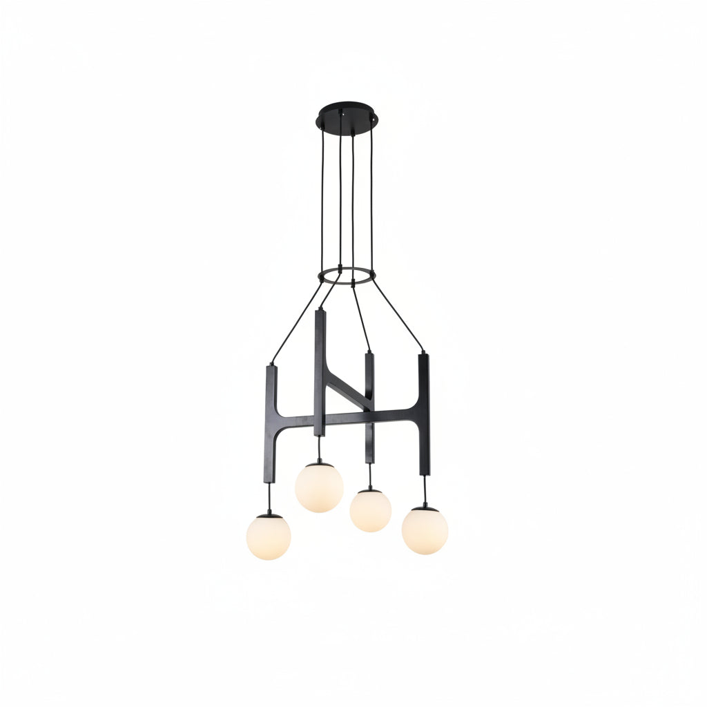 Black H-frame globe chandelier with five hanging orb bulbs and round ceiling canopy