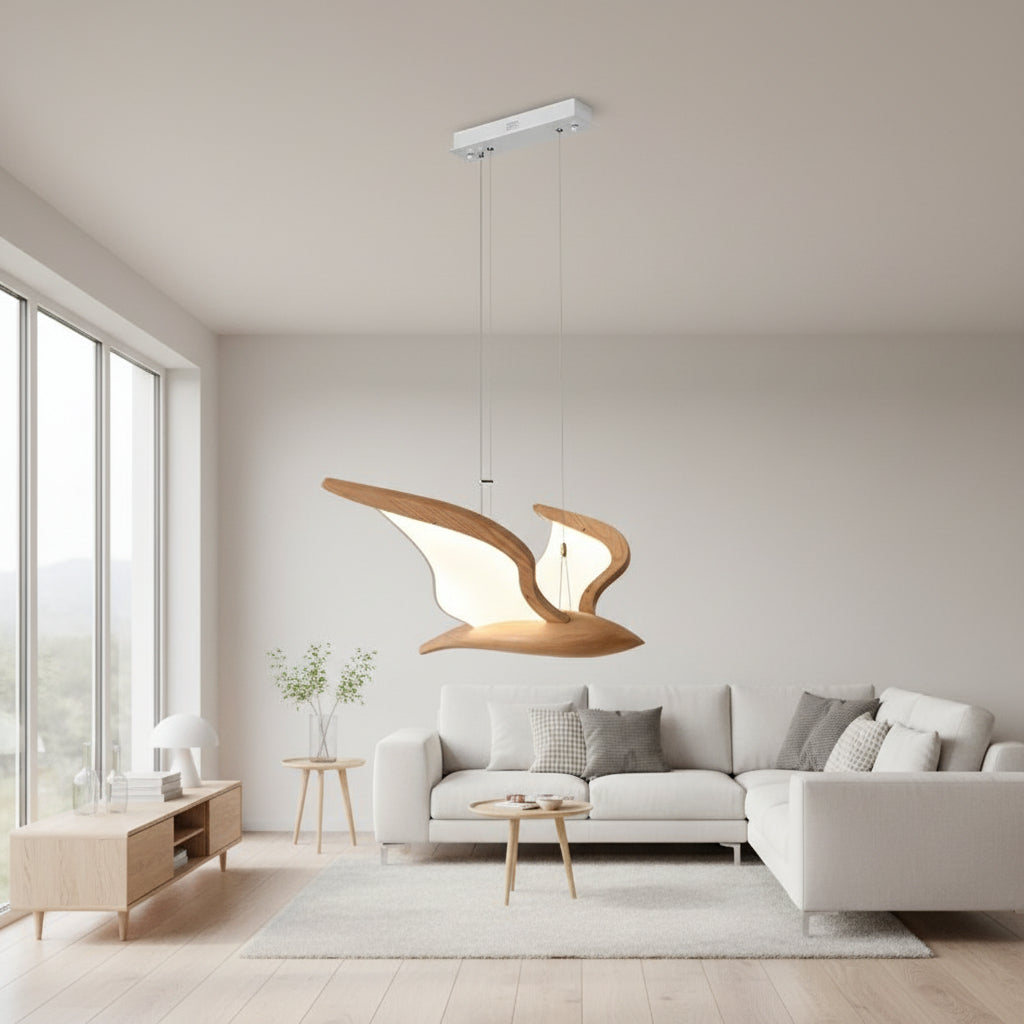 Wooden bird-style pendant light with LED glow, suspended from a ceiling bar