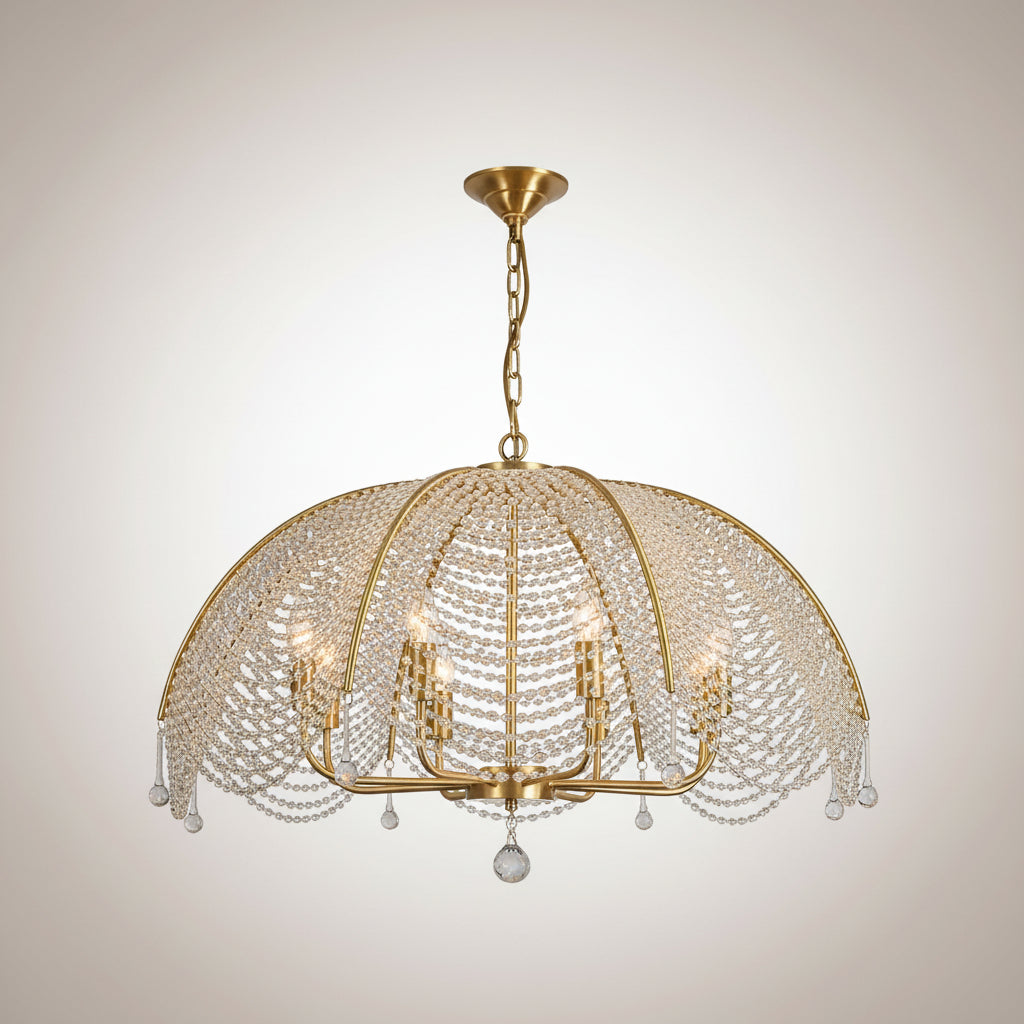Umbrella-style crystal chandelier with gold canopy, beaded dome shade, and hanging drops