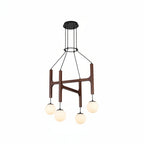 Walnut H-frame globe chandelier with five hanging orb bulbs and round black ceiling mount