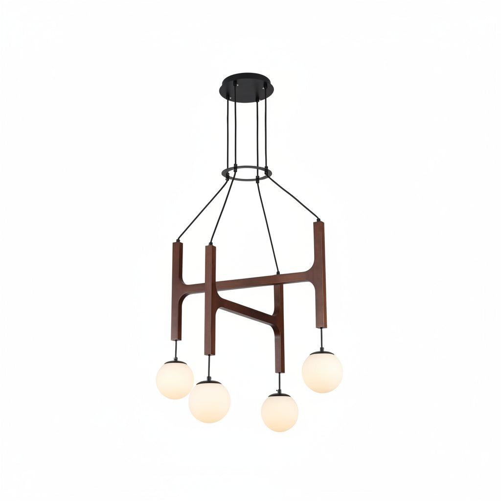 Walnut H-frame globe chandelier with five hanging orb bulbs and round black ceiling mount