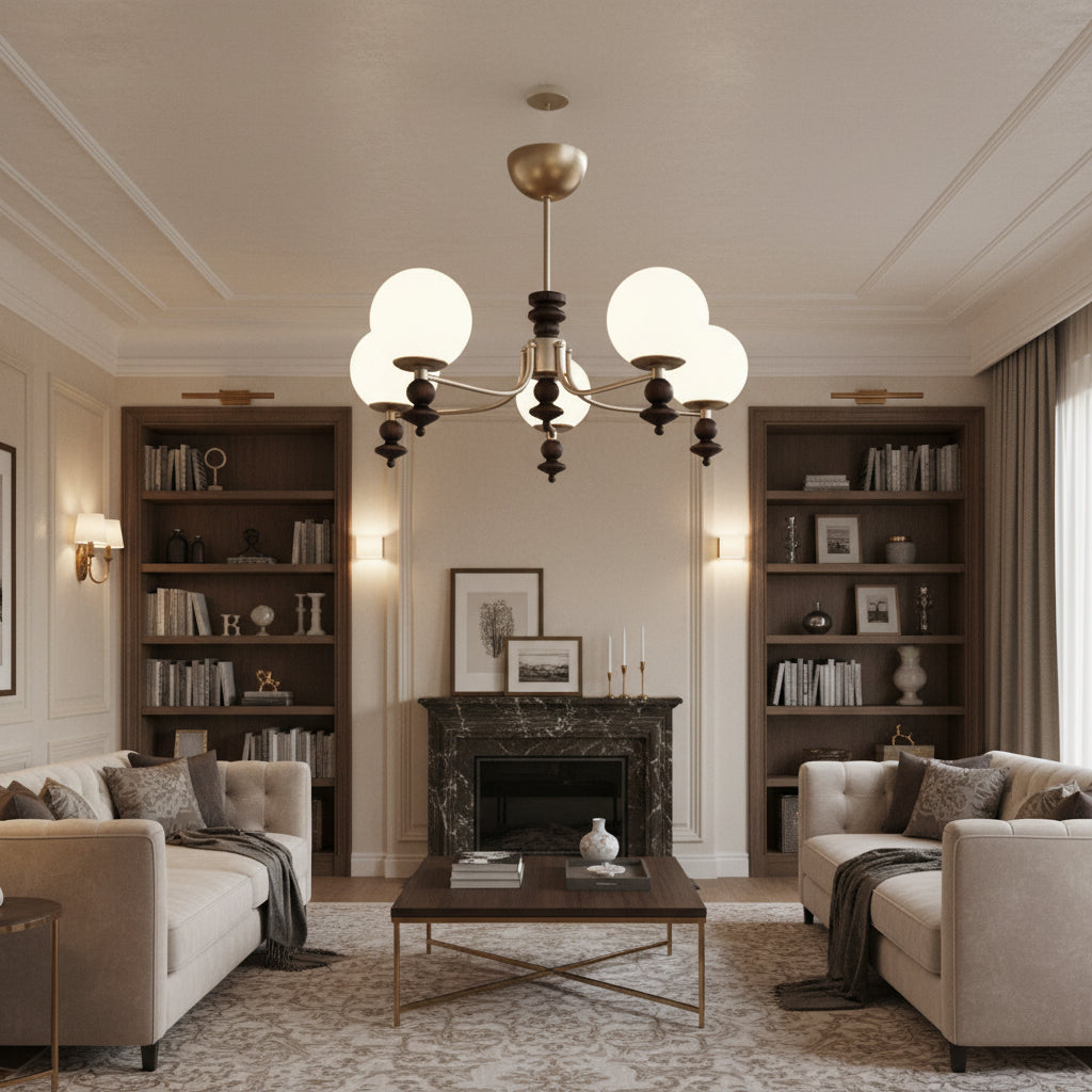 Multi-arm globe chandelier with five white globe shades, bronze finish, and black hanging knobs