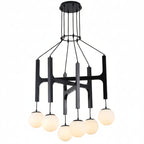 Black multi-light H-frame globe chandelier with seven hanging orb bulbs and ceiling canopy