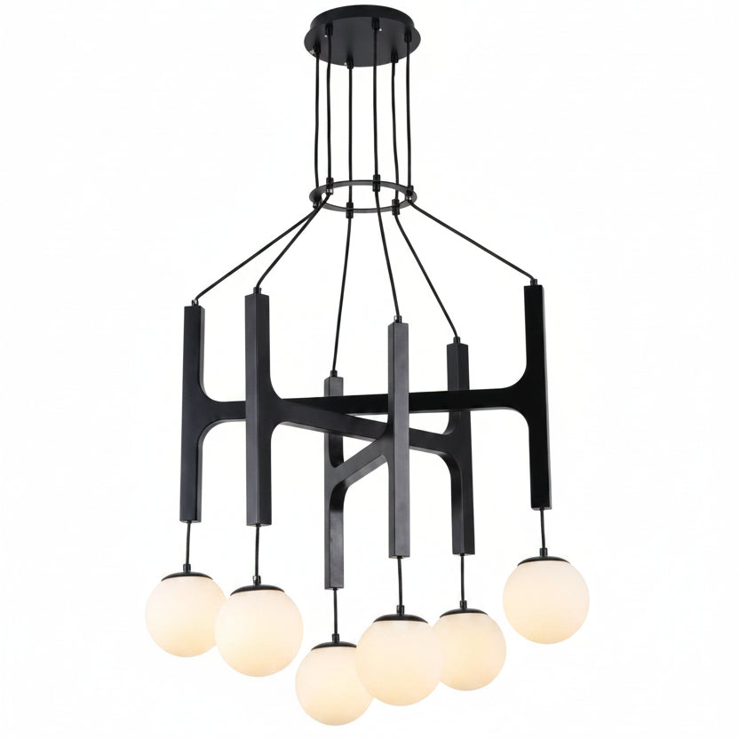 Black multi-light H-frame globe chandelier with seven hanging orb bulbs and ceiling canopy
