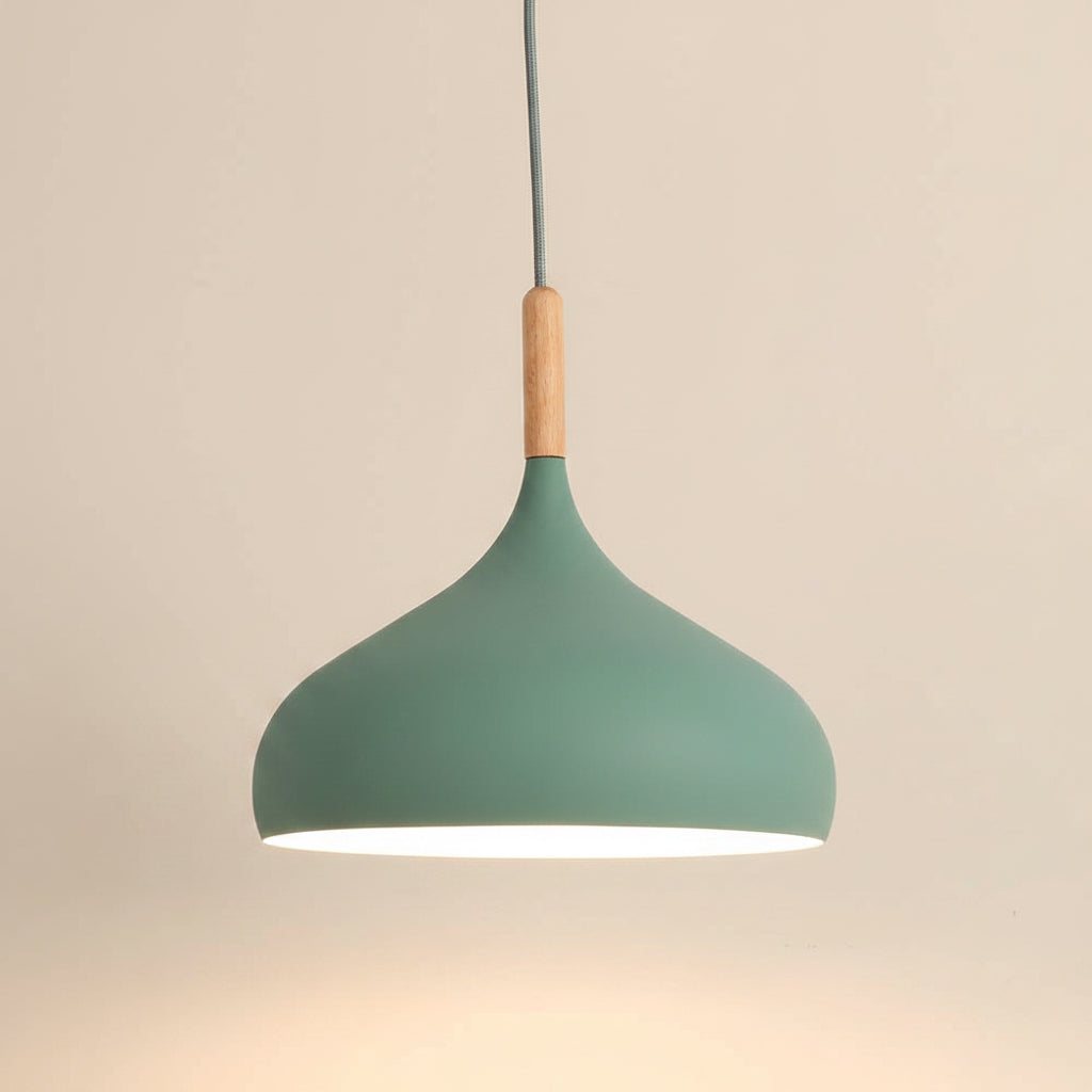 Dome flared pendant light with a green dome shade and light wood cord