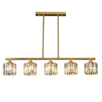 Gold linear 5-light chandelier with clear cylindrical glass shades on top bar mount