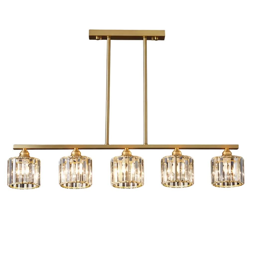 Gold linear 5-light chandelier with clear cylindrical glass shades on top bar mount