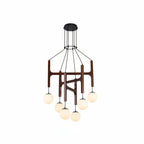Walnut H-frame globe chandelier with multiple hanging orb bulbs and black ceiling canopy