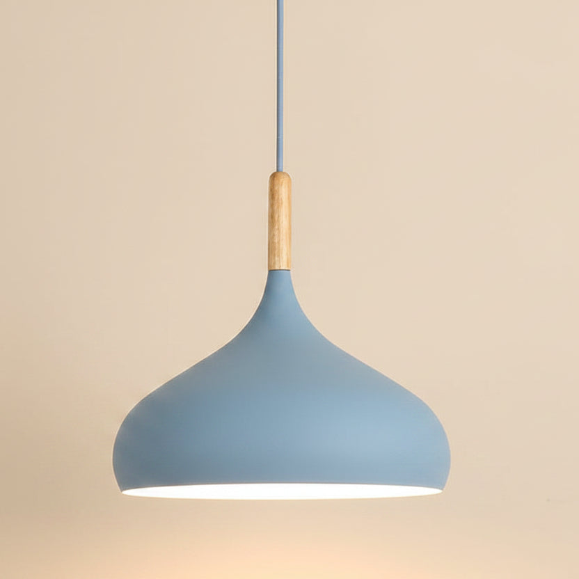 Dome flared pendant light with a blue dome shade and light wood cord
