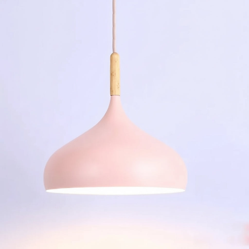 Dome flared pendant light with a pink dome shade and light wood cord