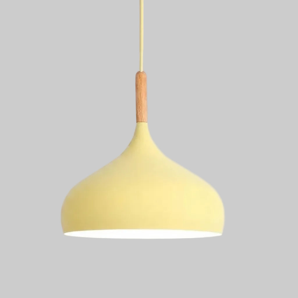 Dome flared pendant light with a yellow dome shade and light wood cord