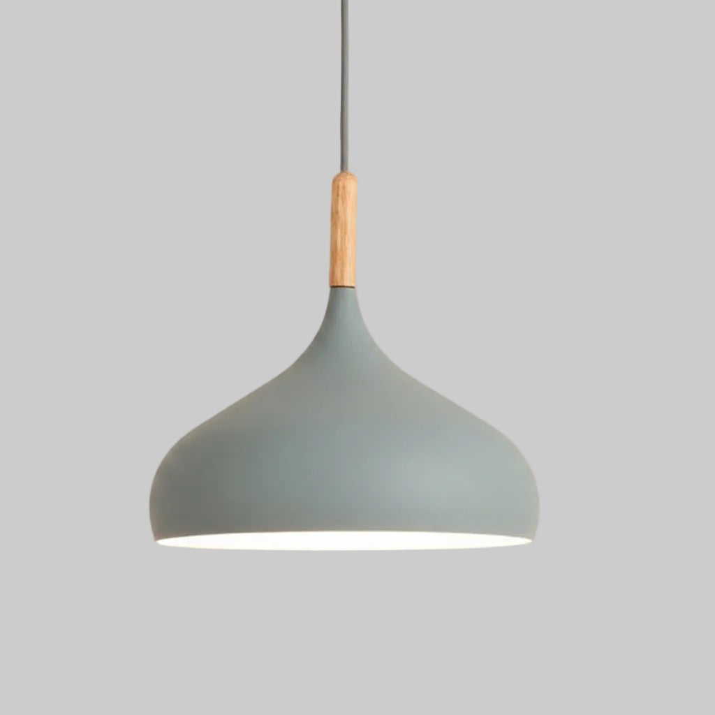 Dome flared pendant light with a gray dome shade and light wood cord