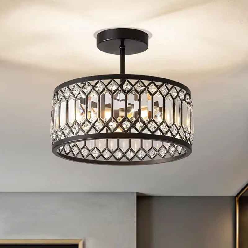 Drum ceiling light with black canopy and faceted crystal lattice shade