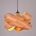 Japandi wood veneer ribbon pendant light in layered wood ribbon design