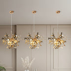Gold branch chandelier with sequin-like discs and multiple glowing bulbs, pendant light