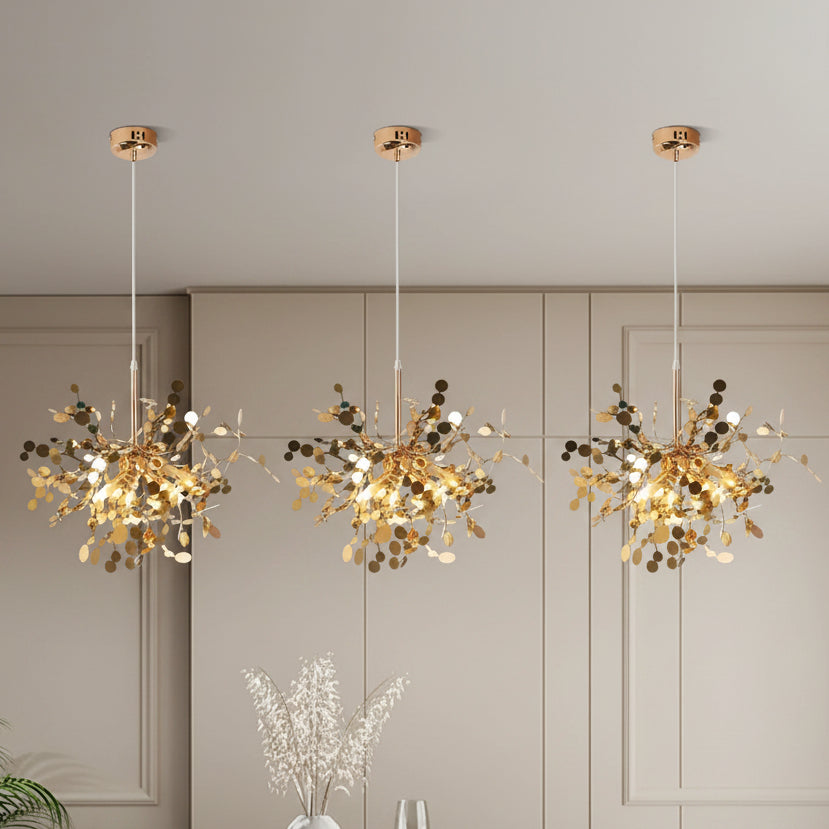 Gold branch chandelier with sequin-like discs and multiple glowing bulbs, pendant light