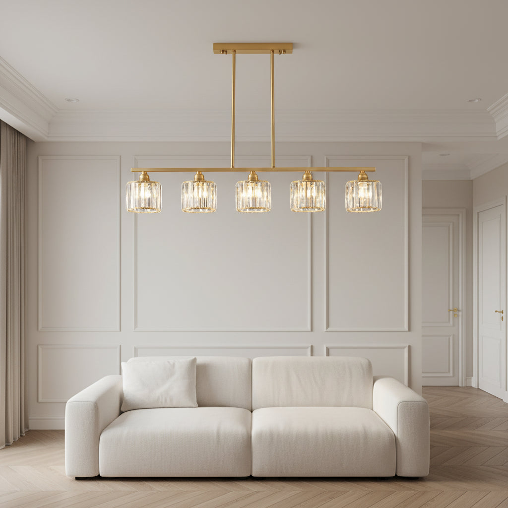 Gold linear 5-light chandelier with clear cylindrical glass shades