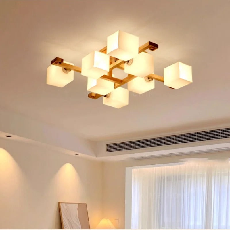 Wooden multi-head square ceiling light with glowing white cube shades
