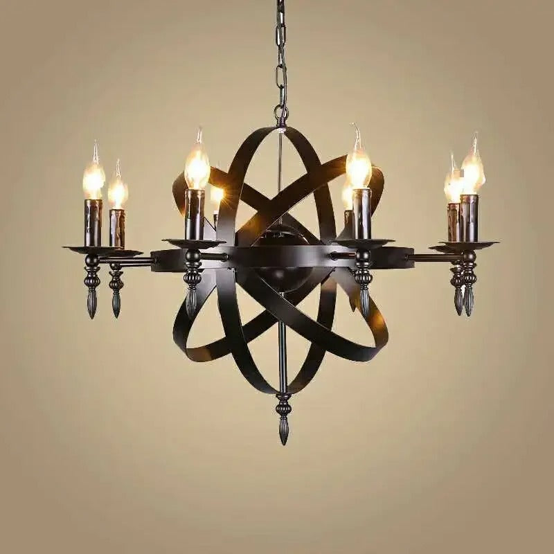 Retro candelabra chandelier with black metal wheel and six candle bulbs