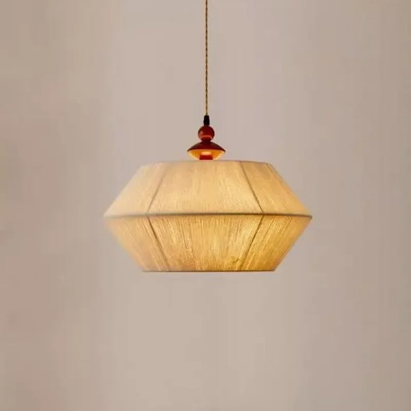 Hexagonal wood pendant light with braided cord and small red-brown finial
