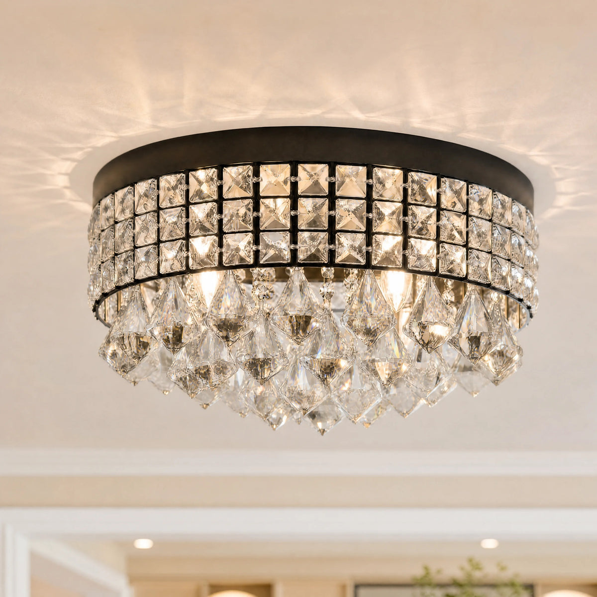 Round tiered crystal grid ceiling light with dark metal frame and sparkling crystals