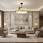 Round drum chandelier with open black frame and beige fabric shade