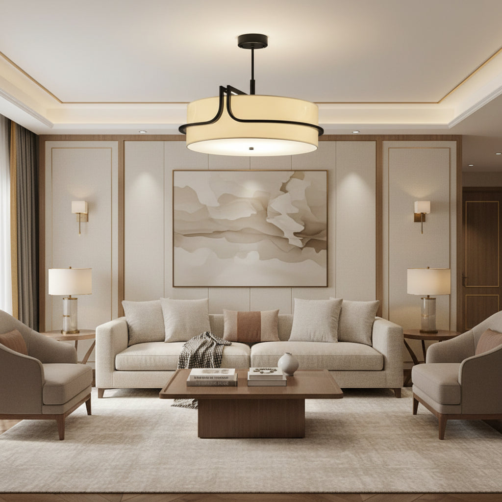 Round drum chandelier with open black frame and beige fabric shade