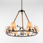 Hanging bird chandelier with hemp rope arms, dark metal circular frame, multiple beige lamp shades