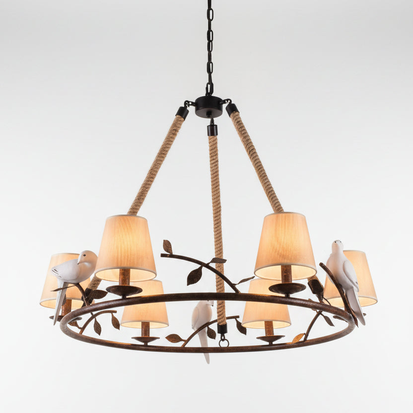 Hanging bird chandelier with hemp rope arms, dark metal circular frame, multiple beige lamp shades