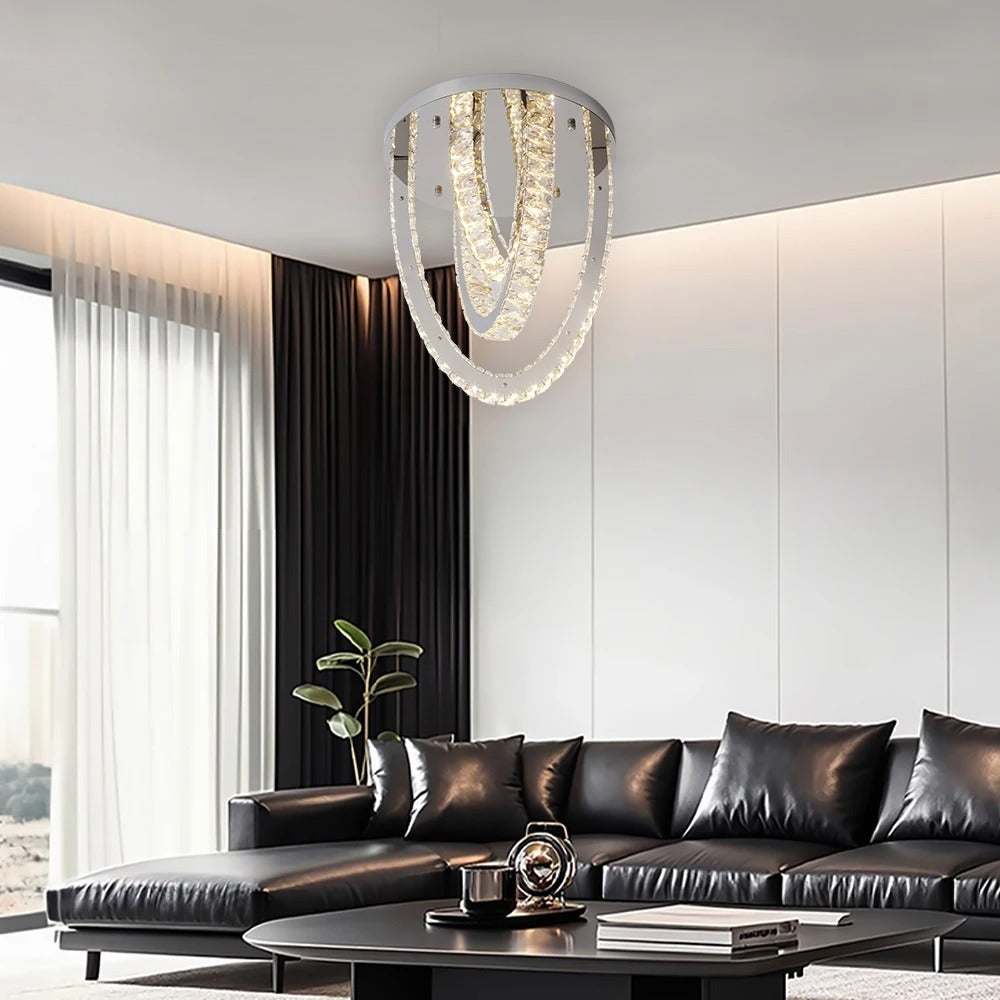 Loop ceiling light with faceted clear crystal details and round metal canopy