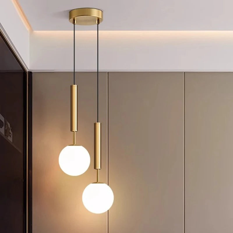 Nordic cylindrical globe pendant light with two glass globe shades, gold frame