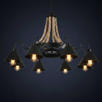 Rope-suspended black cone chandelier with exposed filament bulbs and ring mounting bar