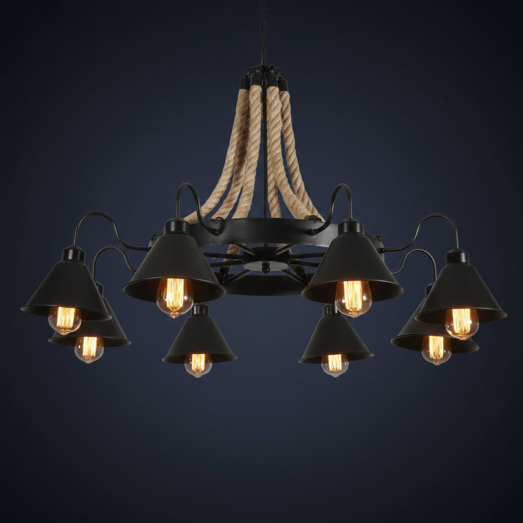 Rope-suspended black cone chandelier with exposed filament bulbs and ring mounting bar