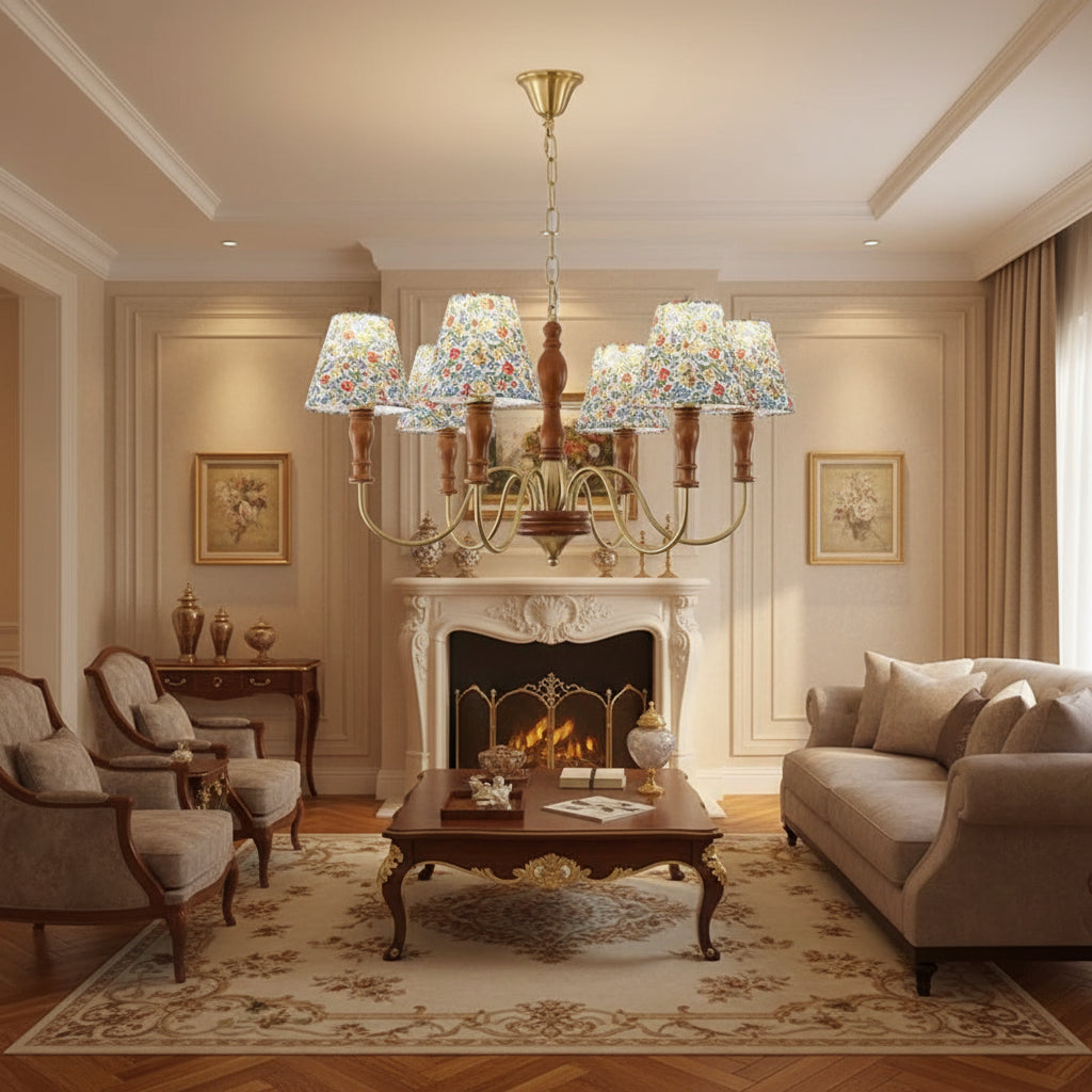 Retro floral multi-arm chandelier with warm gold base and fabric shades