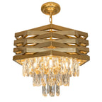 Gold hexagonal tiered chandelier with clear crystal pendants and geometric frame