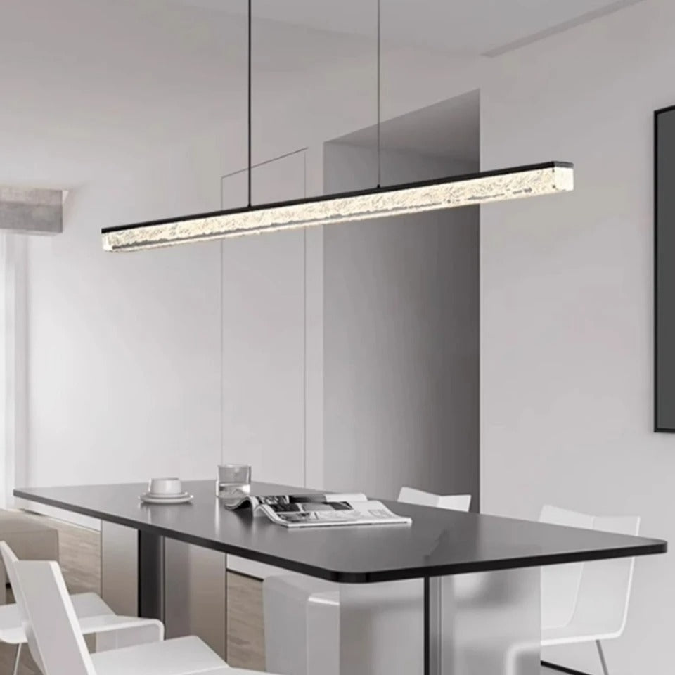 Rectangular bar chandelier with glass diffuser and black end caps
