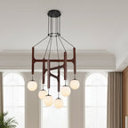 Walnut H-frame globe chandelier with multiple hanging glass bulbs and black ceiling mount