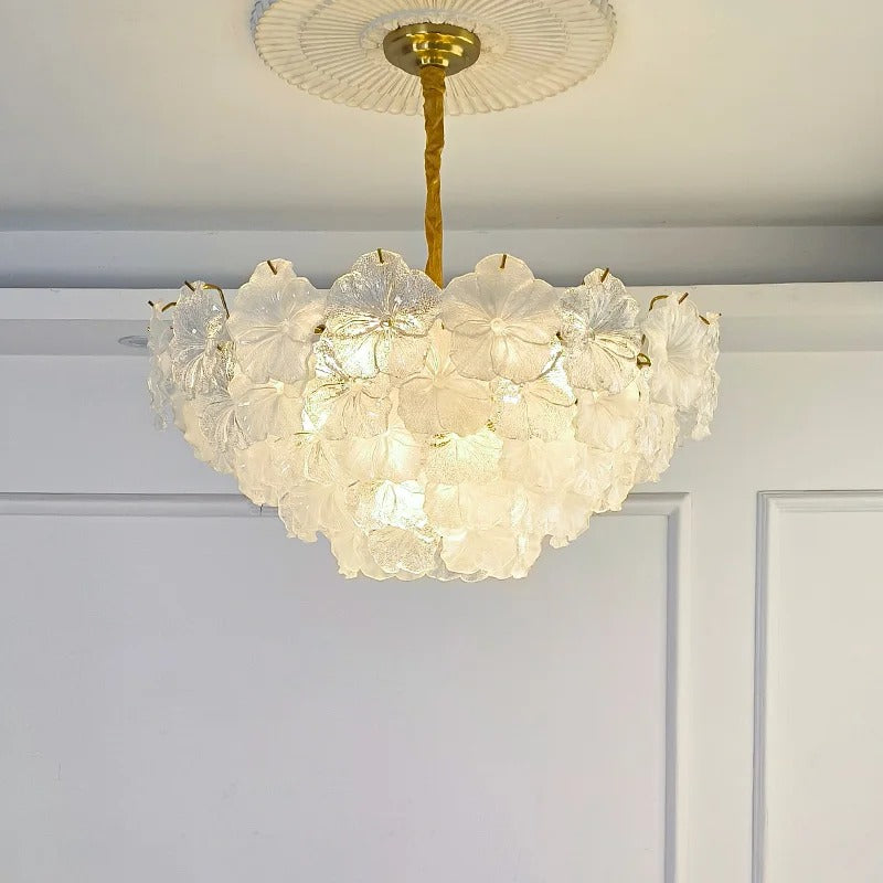 French floral layered chandelier with cream fabric petal clusters and gold stem