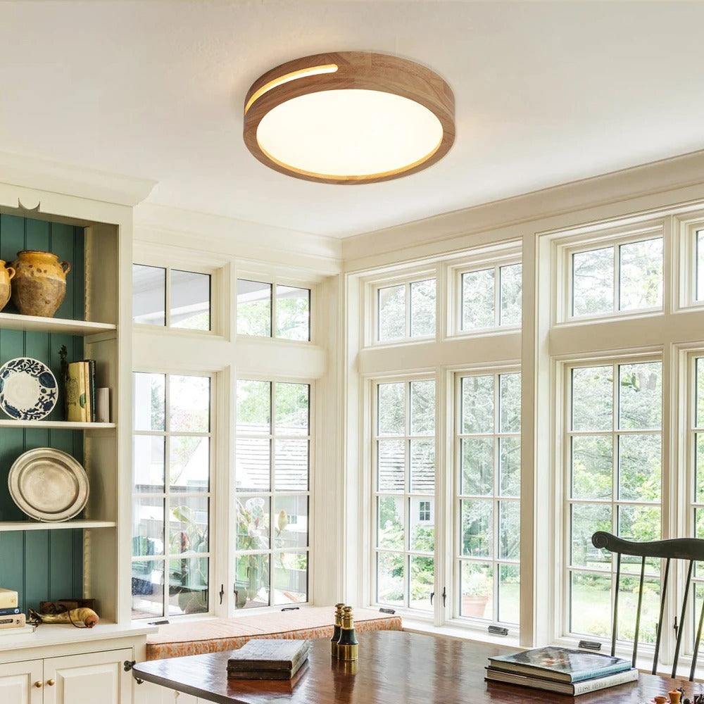 Wooden round LED flush-mount ceiling light with warm ring glow