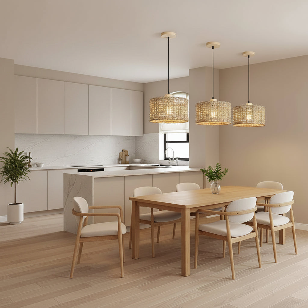 Woven rattan drum pendant lights hanging over a dining table