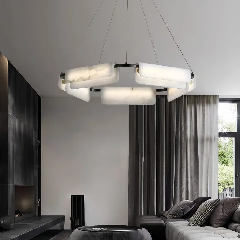 Alabaster-style ring chandelier with black frame and frosted white rectangular glass panels