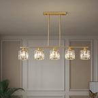 Gold multi-light linear chandelier with five clear cylindrical glass shades